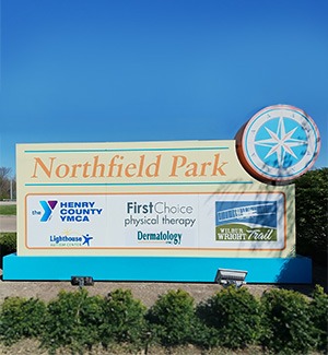 Sign for northfield park - including Dermatology Inc's New Castle location